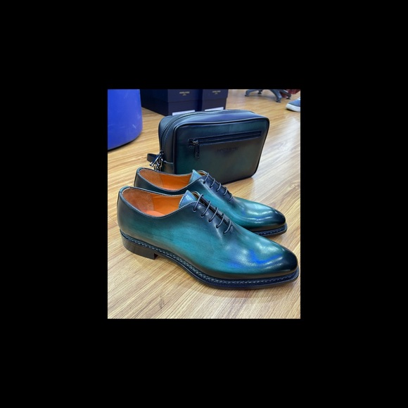 Green all leather man purse and dress shoe combo